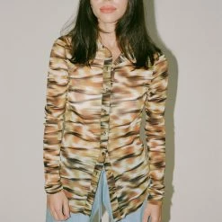 PRISCAVera Printed Mesh Button Down In Savanna Clothing