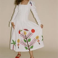 Tigra Tigra Hand-Embroidered Tropical Kantha Dress In White