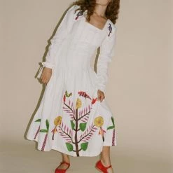 Tigra Tigra Hand-Embroidered Tropical Kantha Dress In White