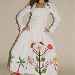 Tigra Tigra Hand-Embroidered Tropical Kantha Dress In White