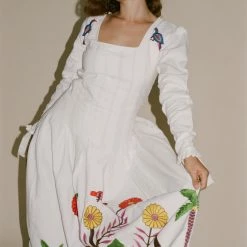 Tigra Tigra Hand-Embroidered Tropical Kantha Dress In White