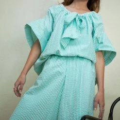 Clothing Desiree Klein Loew Culottes In Green Stripe Seersucker