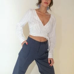 Maryam Nassir Zadeh Gia Wrap Top In Crimson Pinstripe Clothing